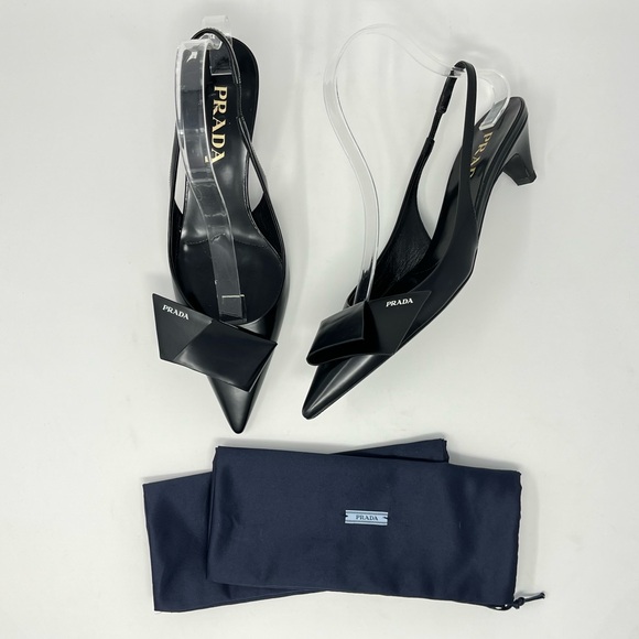 Prada Black Logo Bow Pointed Toe Slingback Kitten Heel Low High Heels Pumps 37 7 - Picture 1 of 8